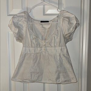 Brandy Melville White Puff-Sleeve Button-Front Peplum Top